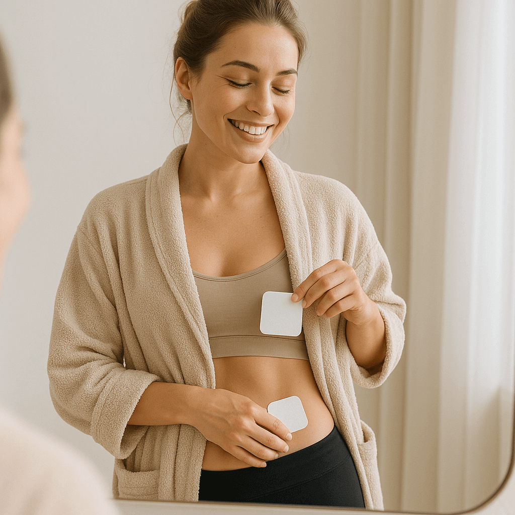 Woman applying Herbionyx Slim Patch for natural weight management in front of a mirror.