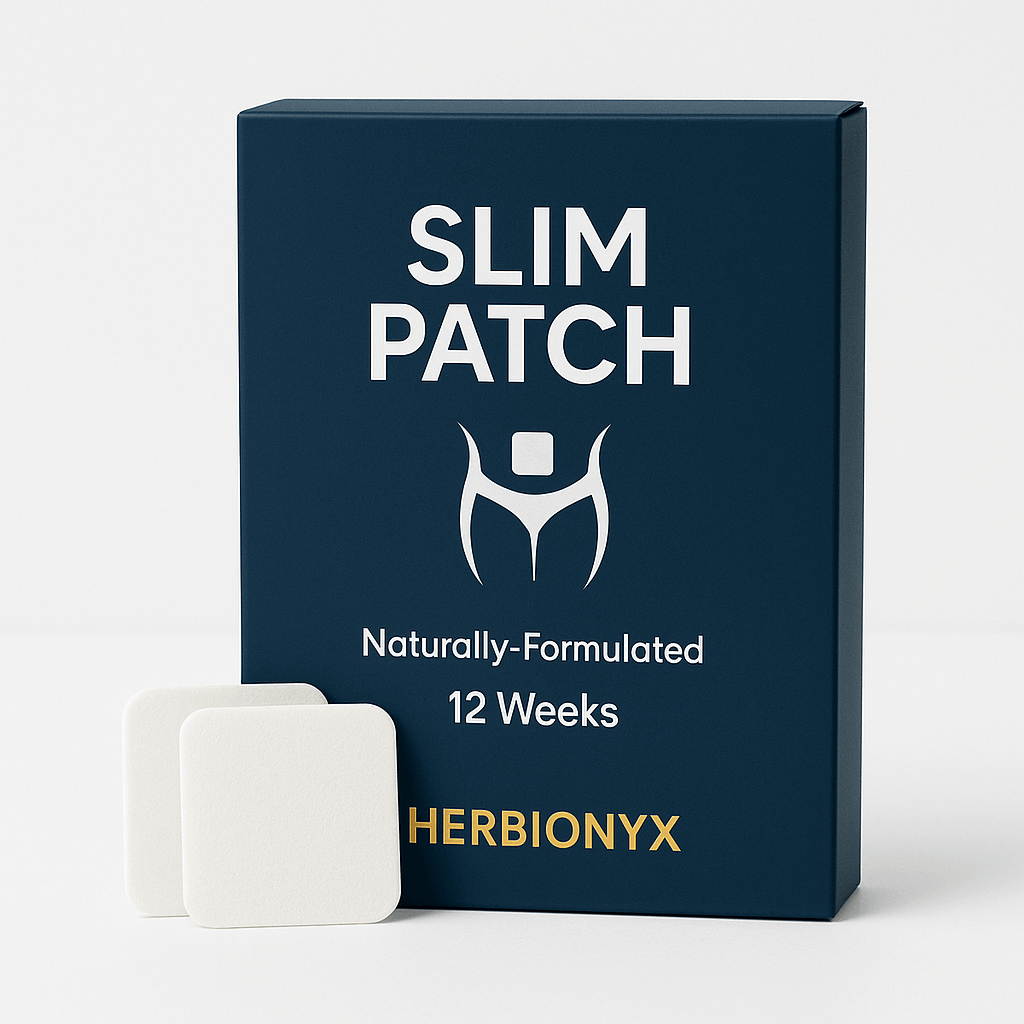 Herbionyx Slim Patch box packaging with two natural weight management patches for a 12-week program.