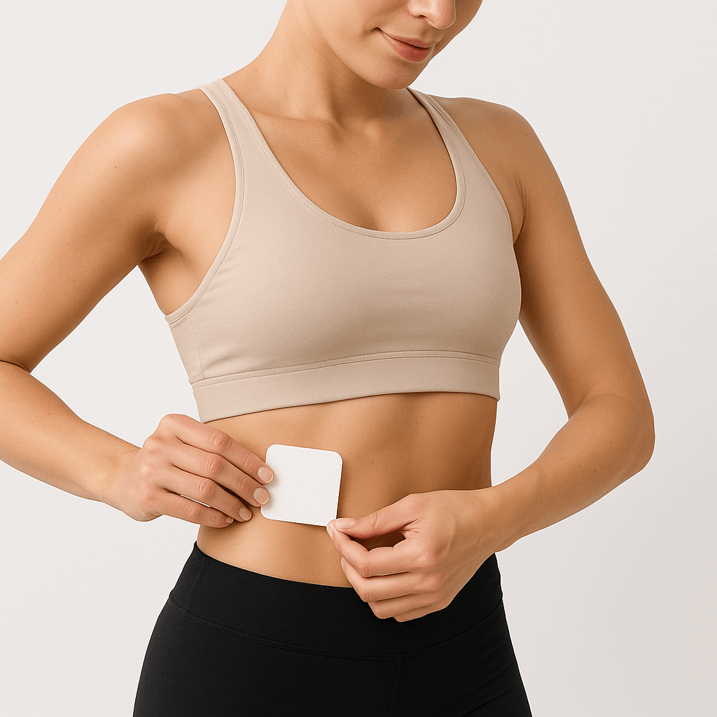 Woman applying Herbionyx Slim Patch on her abdomen, showcasing natural and effective body care solution.