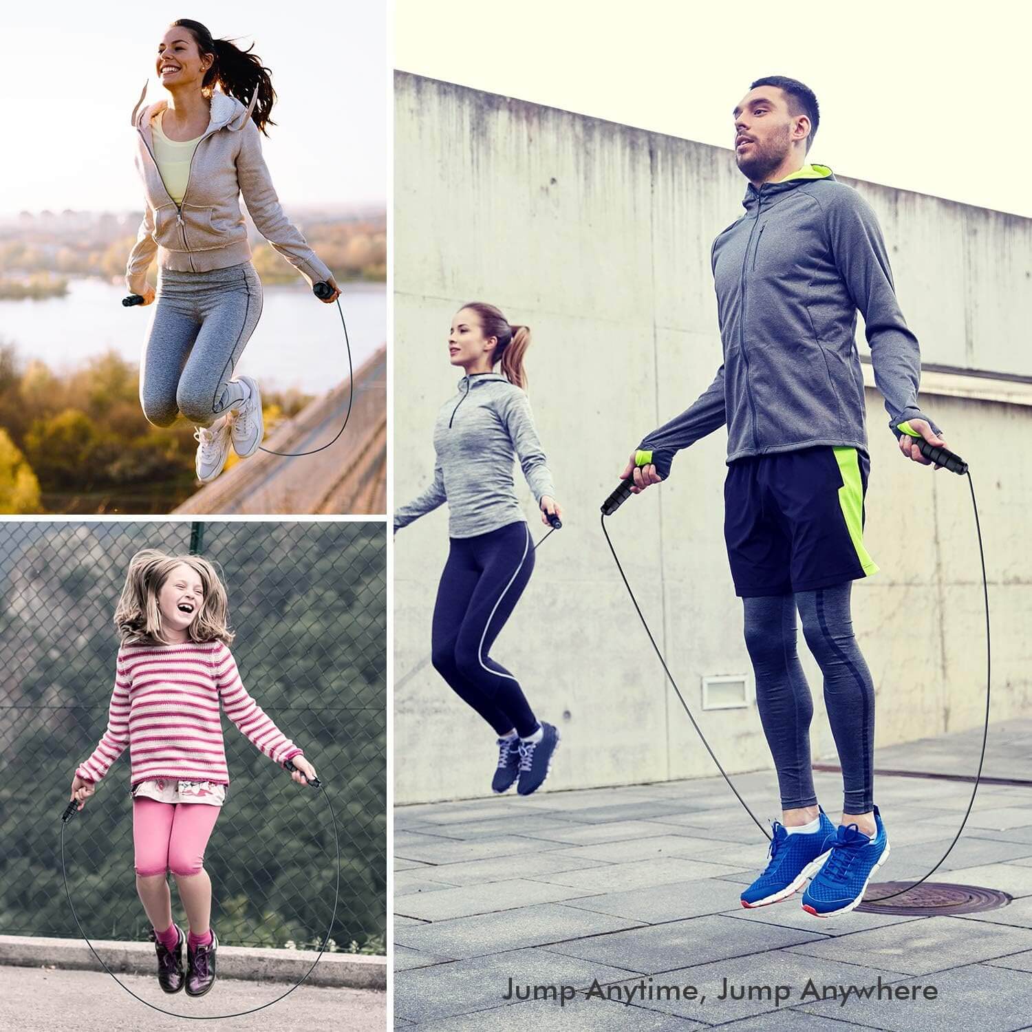 Individuals of various ages using the Herbionyx Speed Jump Rope for fitness, showcasing its adjustable and tangle-free design.