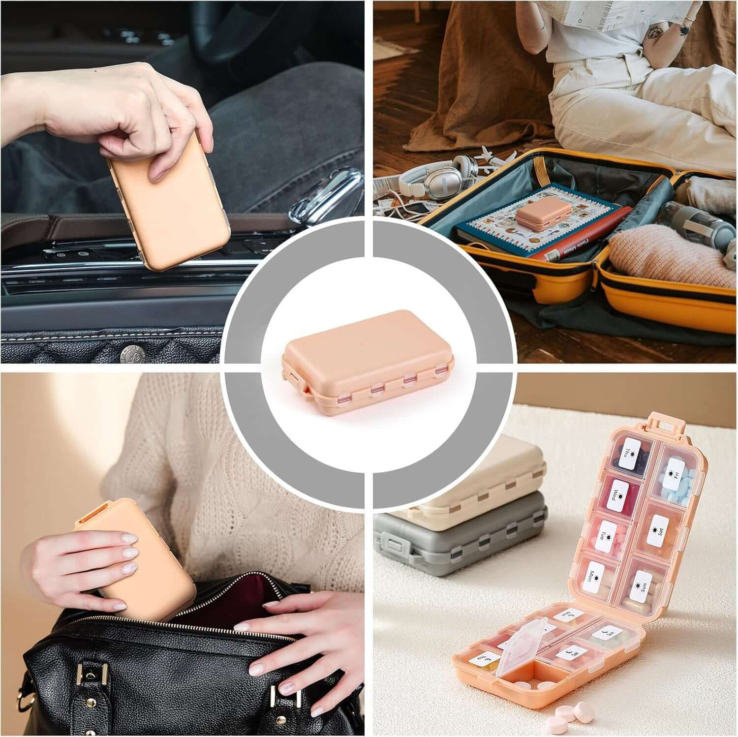 Herbionyx Travel Pill Organizer set, compact design, portable for travel, includes multiple compartments in stylish colors.