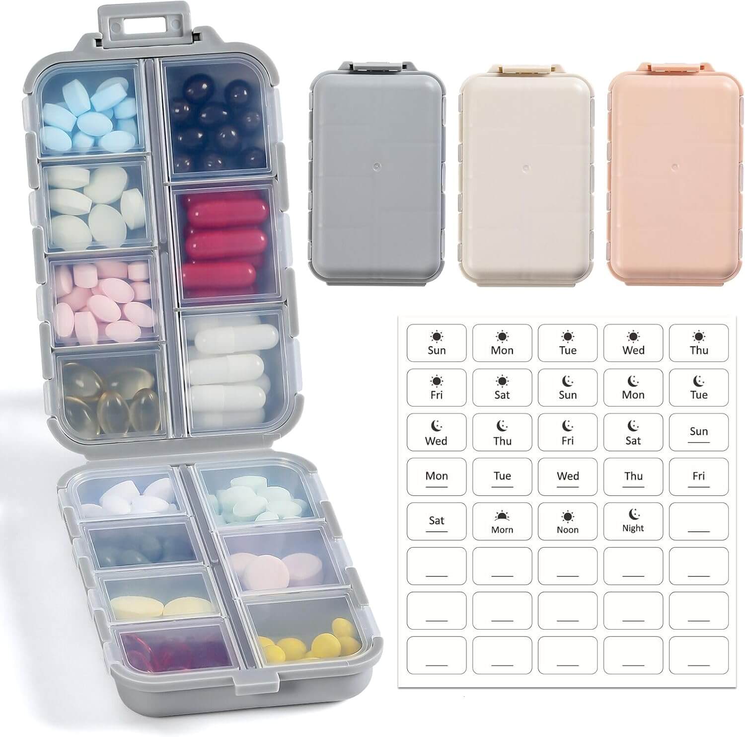 Herbionyx Travel Pill Organizer set of 3 in grey, khaki, and rose pink with customizable labels and compartments.