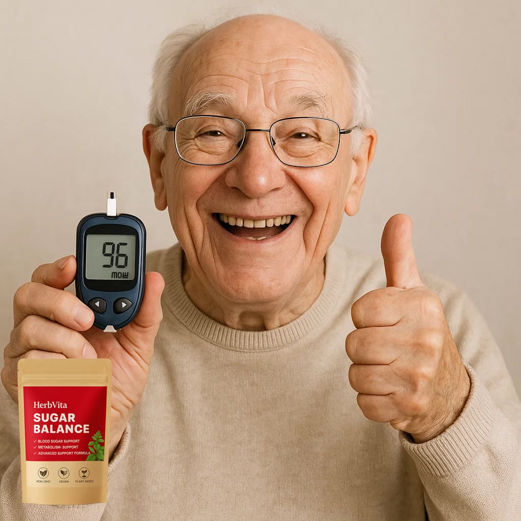 Elderly man smiling and showing diabetes monitor with HerbVita Blood Sugar Tea package, promoting healthy glucose balance.