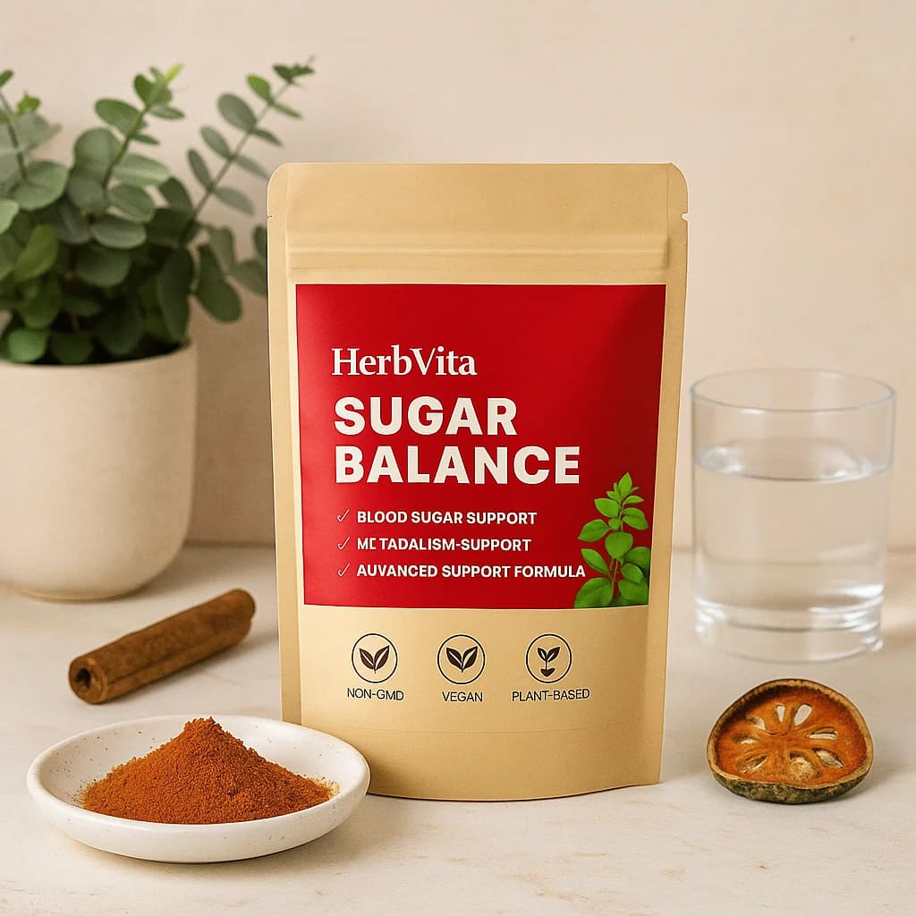 HerbVita Sugar Balance pouch with herbal ingredients for blood sugar support, featured with plants and glass of water.