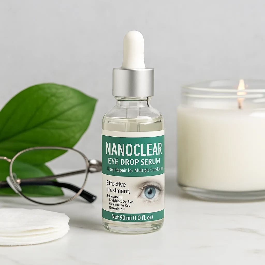 Herbionyx NanoClear eye drop serum for natural eye care, enhancing vision comfort and clarity, with plants and candle in background.