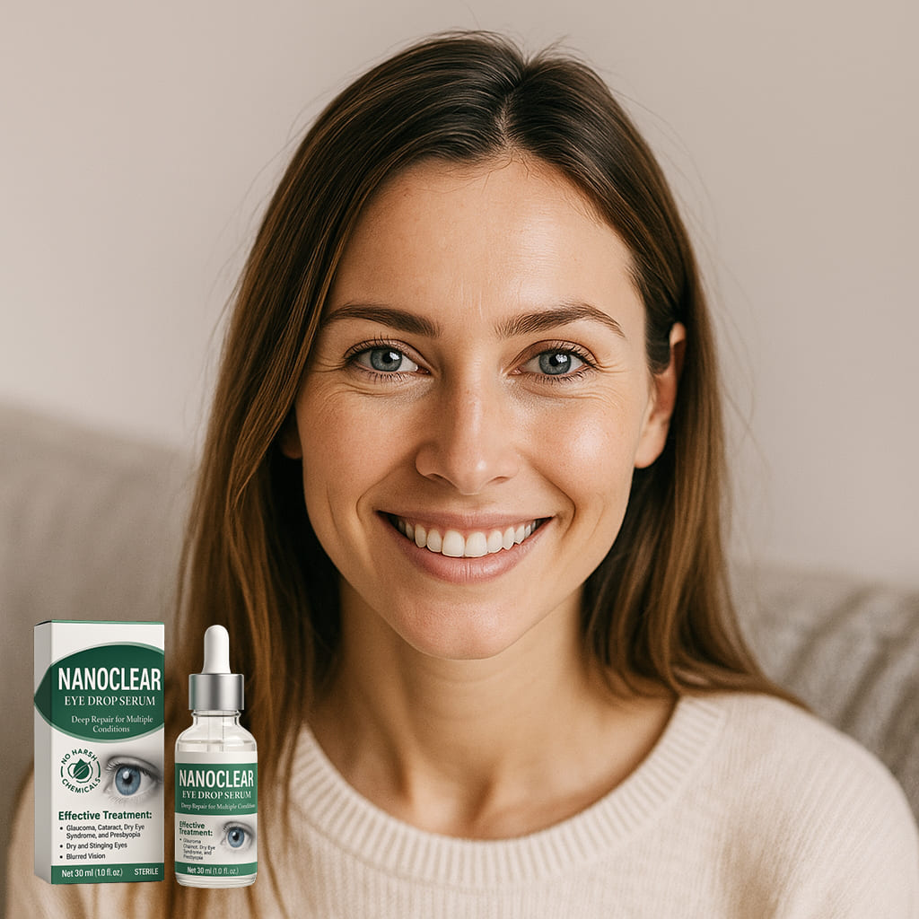 Herbionyx NanoClear eye serum with a smiling woman, showcasing advanced eye care for dryness and fatigue relief.