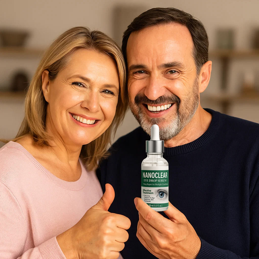 Couple holds Herbionyx NanoClear eye serum, smiling and displaying thumbs up, promoting advanced eye care solution.