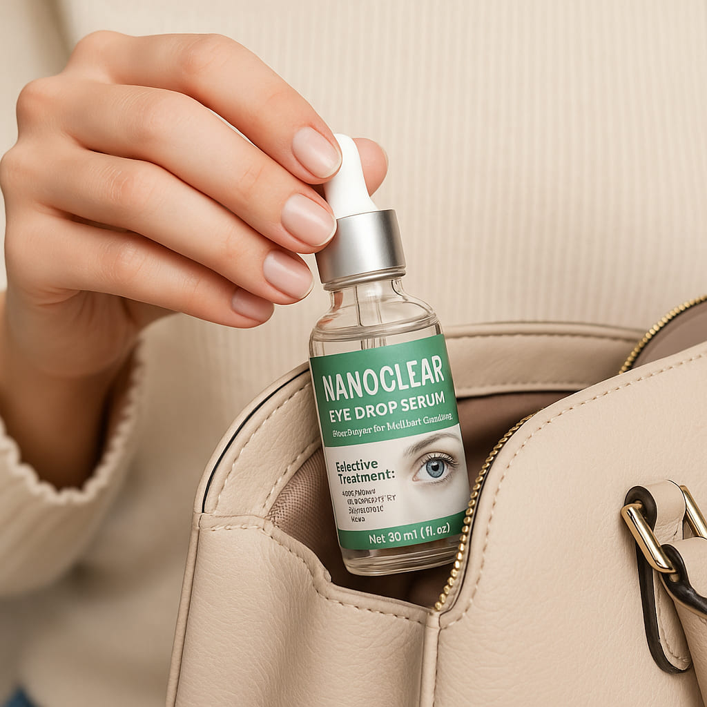 Hand holding Herbionyx NanoClear eye drop serum from a bag for innovative eye care.