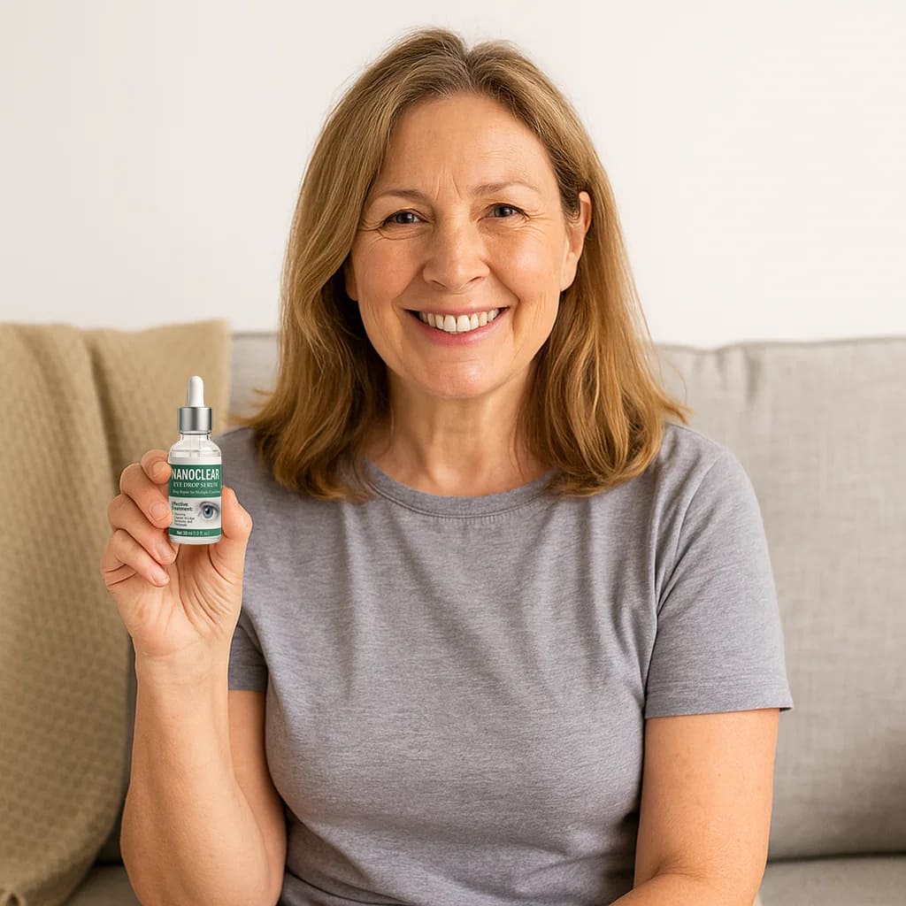 Smiling woman holding Herbionyx NanoClear eye serum, showcasing advanced eye care solution for clearer vision.