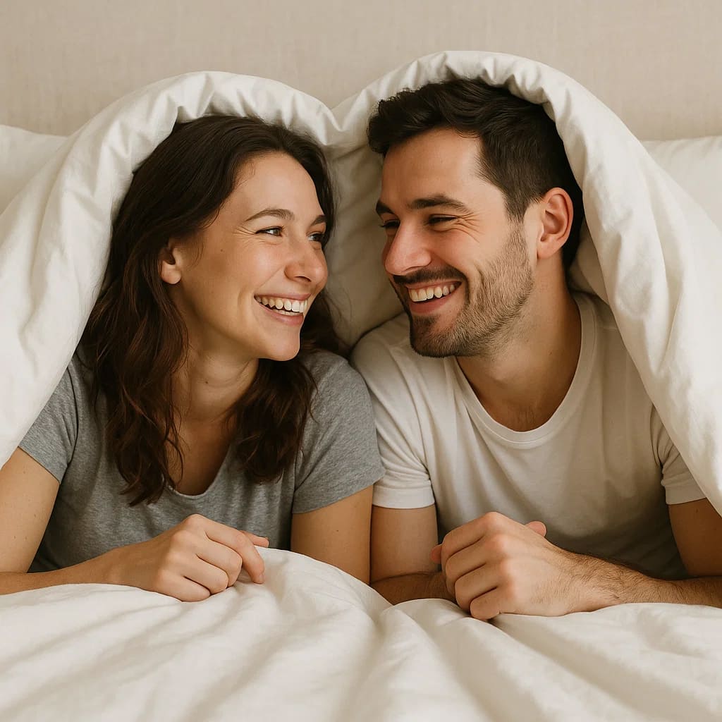 Couple smiling under a blanket, enjoying intimacy and connection in a cozy bedroom setting.