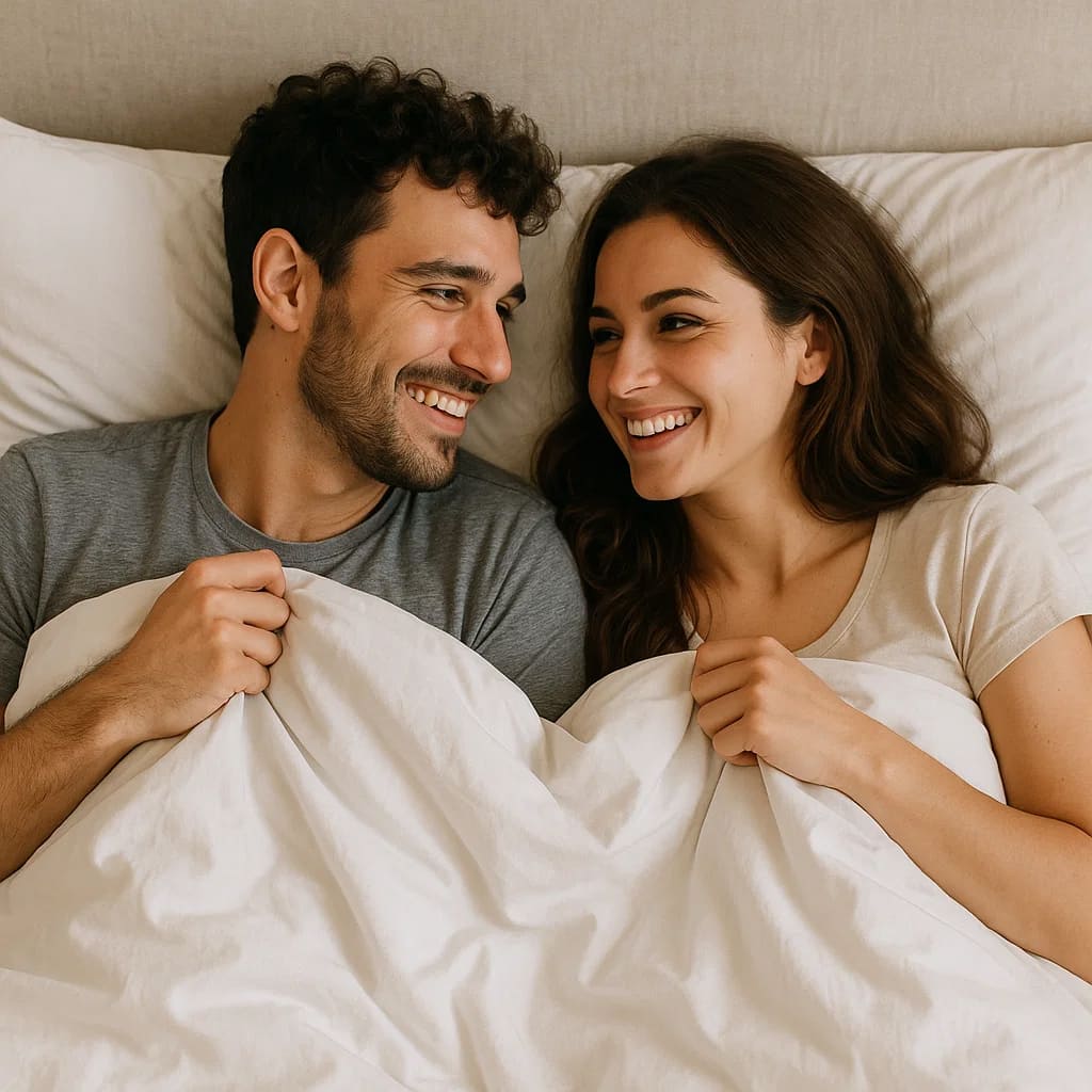 Couple cuddling in bed, enjoying intimacy and connection with smiles.