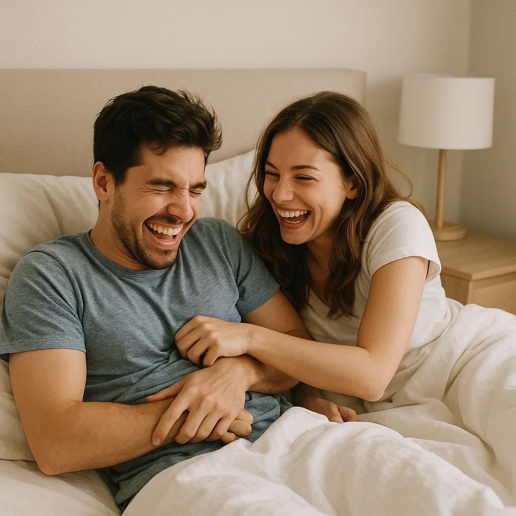 Happy couple laughing together in bed, symbolizing intimacy and connection.