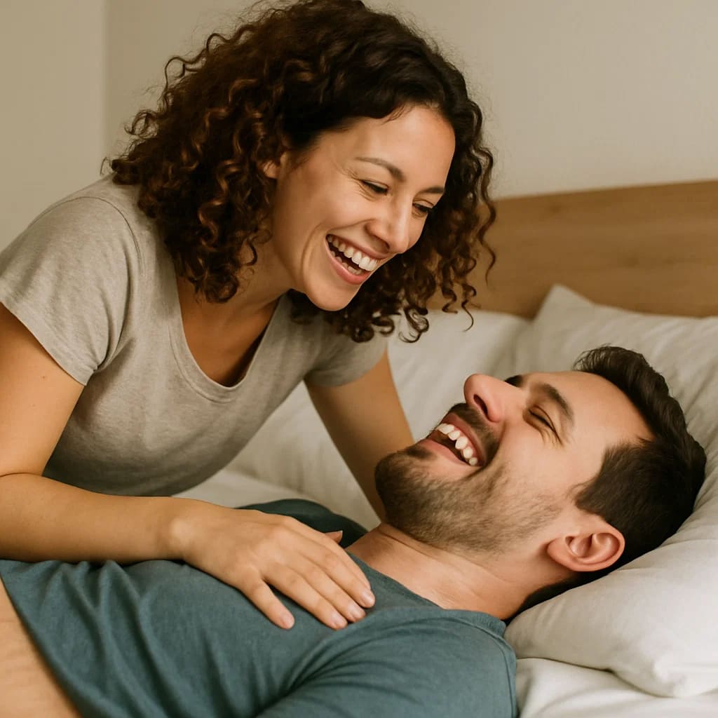 Couple enjoying intimacy and laughter in bed, highlighting confidence and connection.