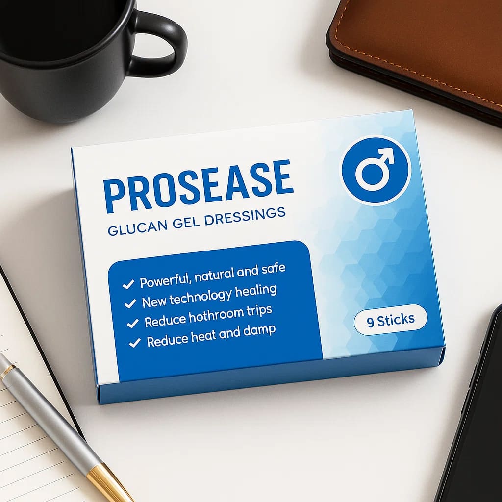 ProsEase Glucan Gel Dressings box showing benefits for powerful and natural healing with 9 sticks for men.